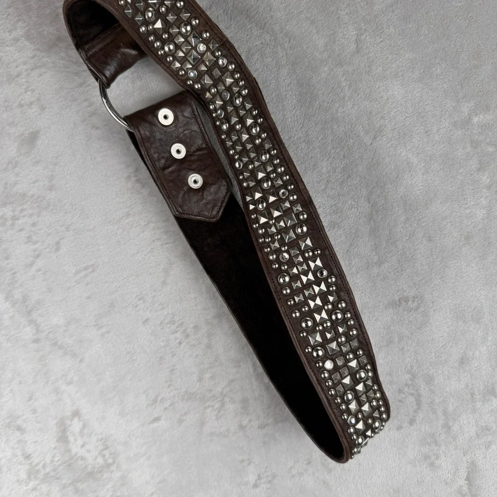 y2k Brown Leather Studded Wide Waist Belt Silver Pyramid Rivet Crystal 35in